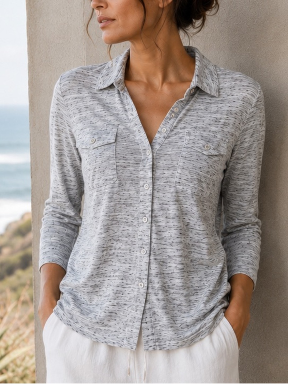 James Perse marled gray stretch cotton knit button shirt Size 3 / L